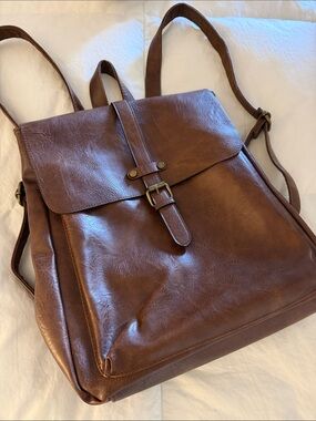 Women's Brown Faux-Leather Backpack with Buckle FlapFrom Italy!